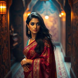 A captivating Indian woman in a stylish, traditional saree, gracefully posed in an exotic setting with intricate patterns and vibrant colors surrounding her