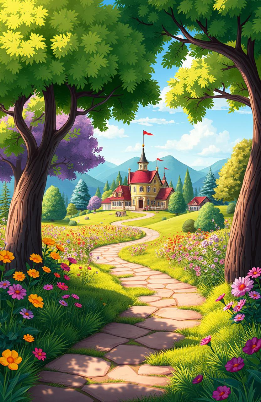 An animated children's book cover featuring a vibrant scene filled with lush trees, colorful grass, and an array of multicolored flowers