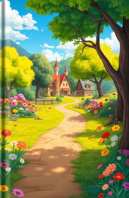 An animated children's book cover featuring a vibrant scene filled with lush trees, colorful grass, and an array of multicolored flowers