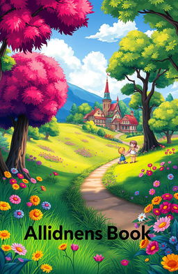 An animated children's book cover featuring a vibrant scene filled with lush trees, colorful grass, and an array of multicolored flowers