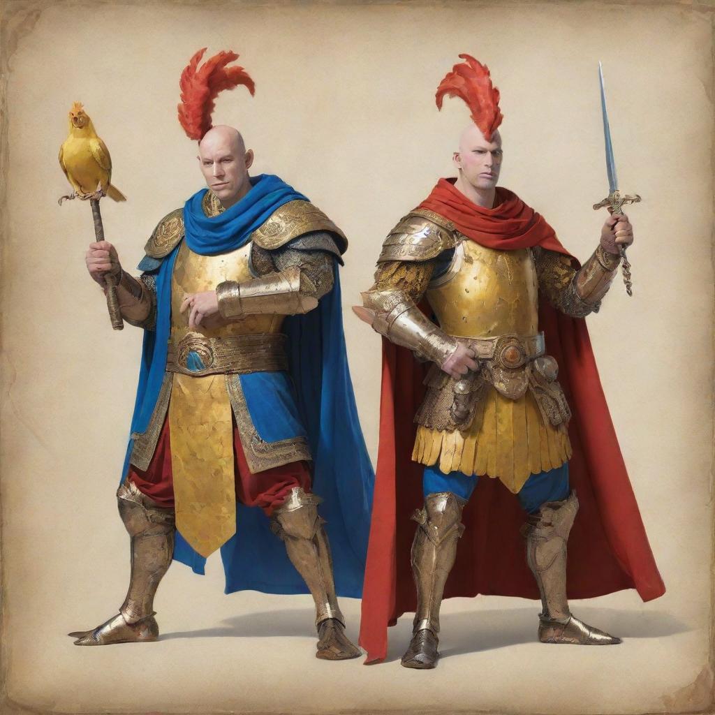 A whimsical depiction of two bald heroes adorned in yellow and blue armor respectively, with one of them draped in a red robe. They wield weapons humorously shaped like giant fried chickens while striking heroic poses.