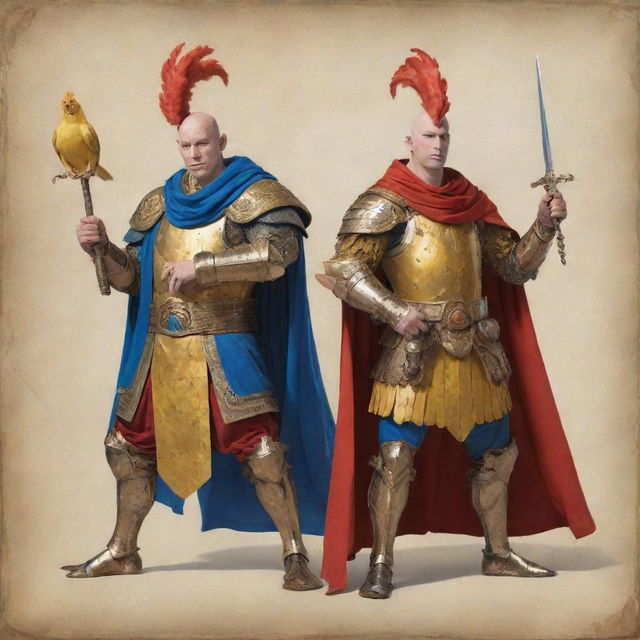 A whimsical depiction of two bald heroes adorned in yellow and blue armor respectively, with one of them draped in a red robe. They wield weapons humorously shaped like giant fried chickens while striking heroic poses.