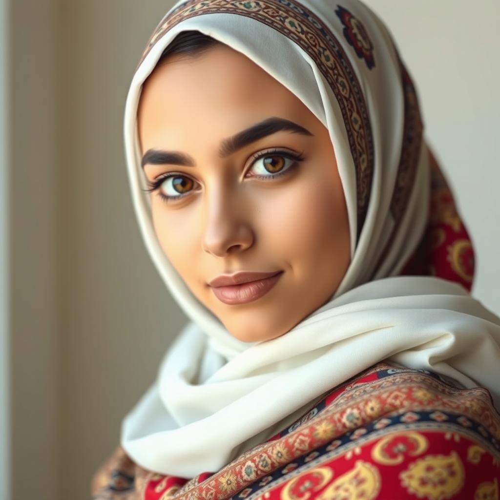 A portrait of a young Arab woman wearing a hijab