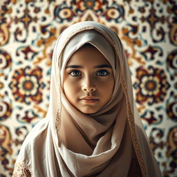 A beautiful young Arabic girl wearing an elegant hijab, surrounded by a beautifully ornate background featuring intricate Middle Eastern patterns