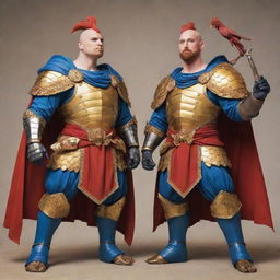 A whimsical depiction of two bald heroes adorned in yellow and blue armor respectively, with one of them draped in a red robe. They wield weapons humorously shaped like giant fried chickens while striking heroic poses.