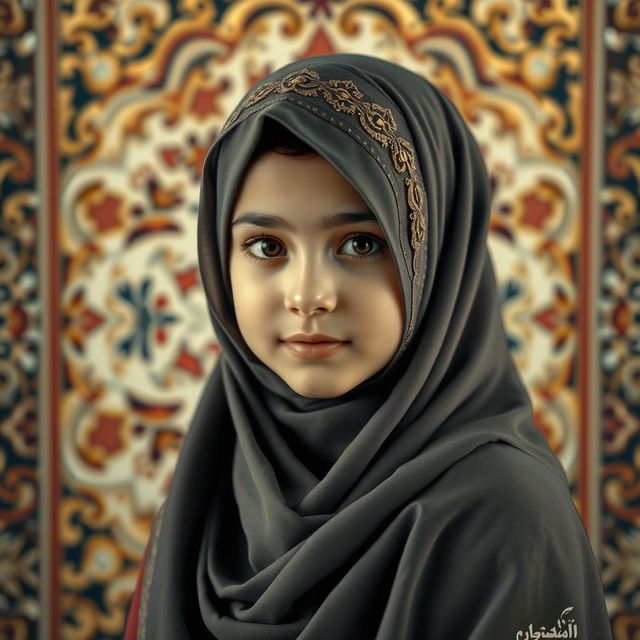 A beautiful young Arabic girl wearing an elegant hijab, surrounded by a beautifully ornate background featuring intricate Middle Eastern patterns