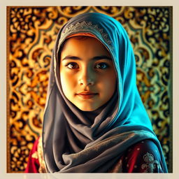 A beautiful young Arabic girl wearing an elegant hijab, surrounded by a beautifully ornate background featuring intricate Middle Eastern patterns