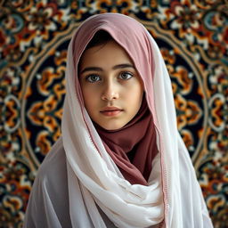 A beautiful young Arabic girl wearing an elegant hijab, surrounded by a beautifully ornate background featuring intricate Middle Eastern patterns
