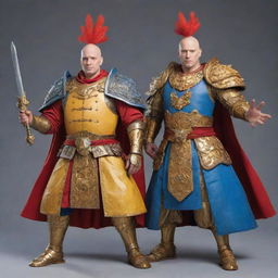 A whimsical depiction of two bald heroes adorned in yellow and blue armor respectively, with one of them draped in a red robe. They wield weapons humorously shaped like giant fried chickens while striking heroic poses.