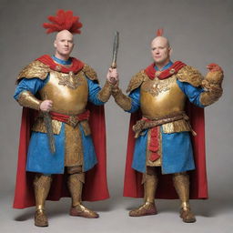 A whimsical depiction of two bald heroes adorned in yellow and blue armor respectively, with one of them draped in a red robe. They wield weapons humorously shaped like giant fried chickens while striking heroic poses.