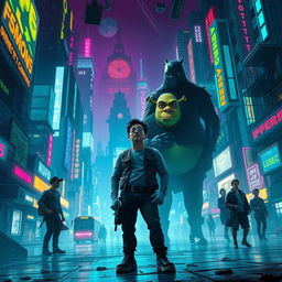 An intense sci-fi scene set in the year 3102, showcasing a chaotic universe where technology, drugs, and virtual reality collide