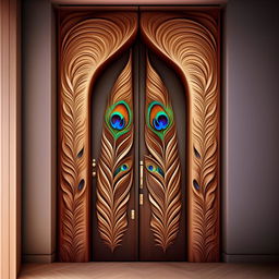 A modern-style house main door, beautifully designed with a peacock feather motif. The design should appear organically created, not AI-generated, in a high-resolution 8K image