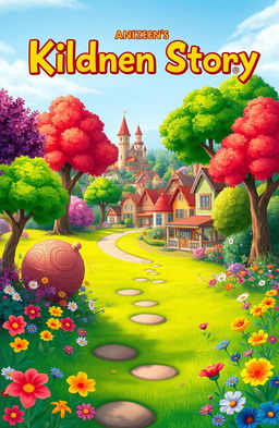 An animated cover for a children's story featuring a vibrant scene filled with colorful trees, lush green grass, and a variety of bright flowers