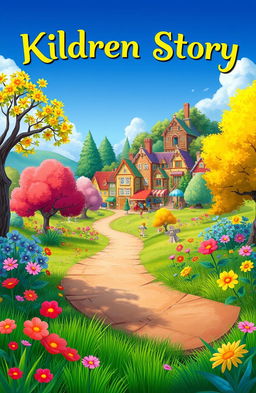 An animated cover for a children's story featuring a vibrant scene filled with colorful trees, lush green grass, and a variety of bright flowers