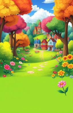 An animated cover for a children's story featuring a vibrant scene filled with colorful trees, lush green grass, and a variety of bright flowers