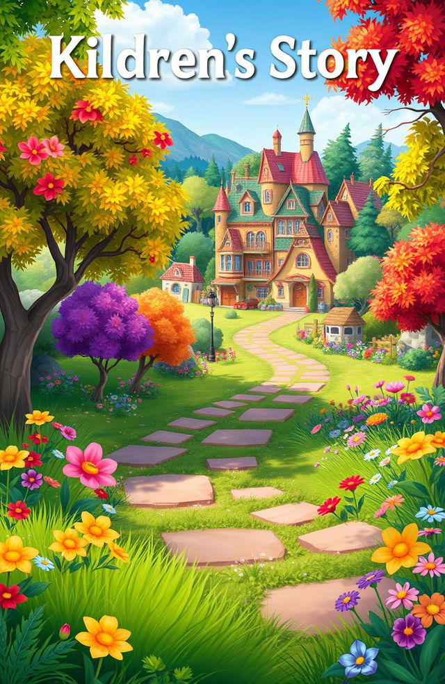 An animated cover for a children's story featuring a vibrant scene filled with colorful trees, lush green grass, and a variety of bright flowers