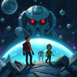 A gripping sci-fi illustration set in the year 3102, depicting a universe where technology pervades every aspect of life