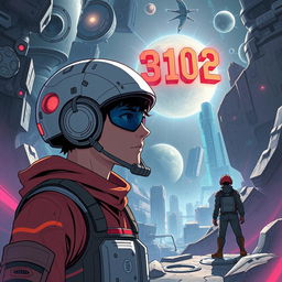 A gripping sci-fi illustration set in the year 3102, depicting a universe where technology pervades every aspect of life