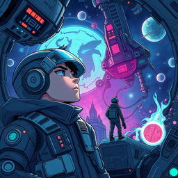 A captivating sci-fi illustration set in the year 3102 in a universe where technology infiltrates every corner of existence
