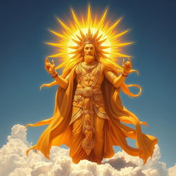 A majestic sun god, radiating with vibrant golden light, adorned with intricate ancient jewelry and flowing robes