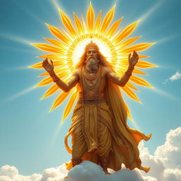 A majestic sun god, radiating with vibrant golden light, adorned with intricate ancient jewelry and flowing robes