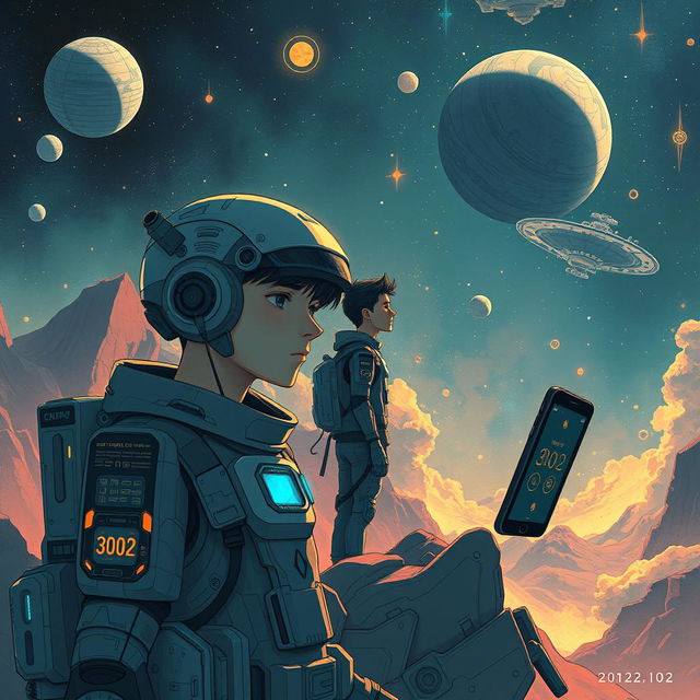 A striking sci-fi illustration set in the year 3102, capturing a universe deeply infused with technology at every level