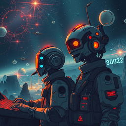 A striking sci-fi illustration set in the year 3102, capturing a universe deeply infused with technology at every level
