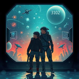 A striking sci-fi illustration set in the year 3102, capturing a universe deeply infused with technology at every level