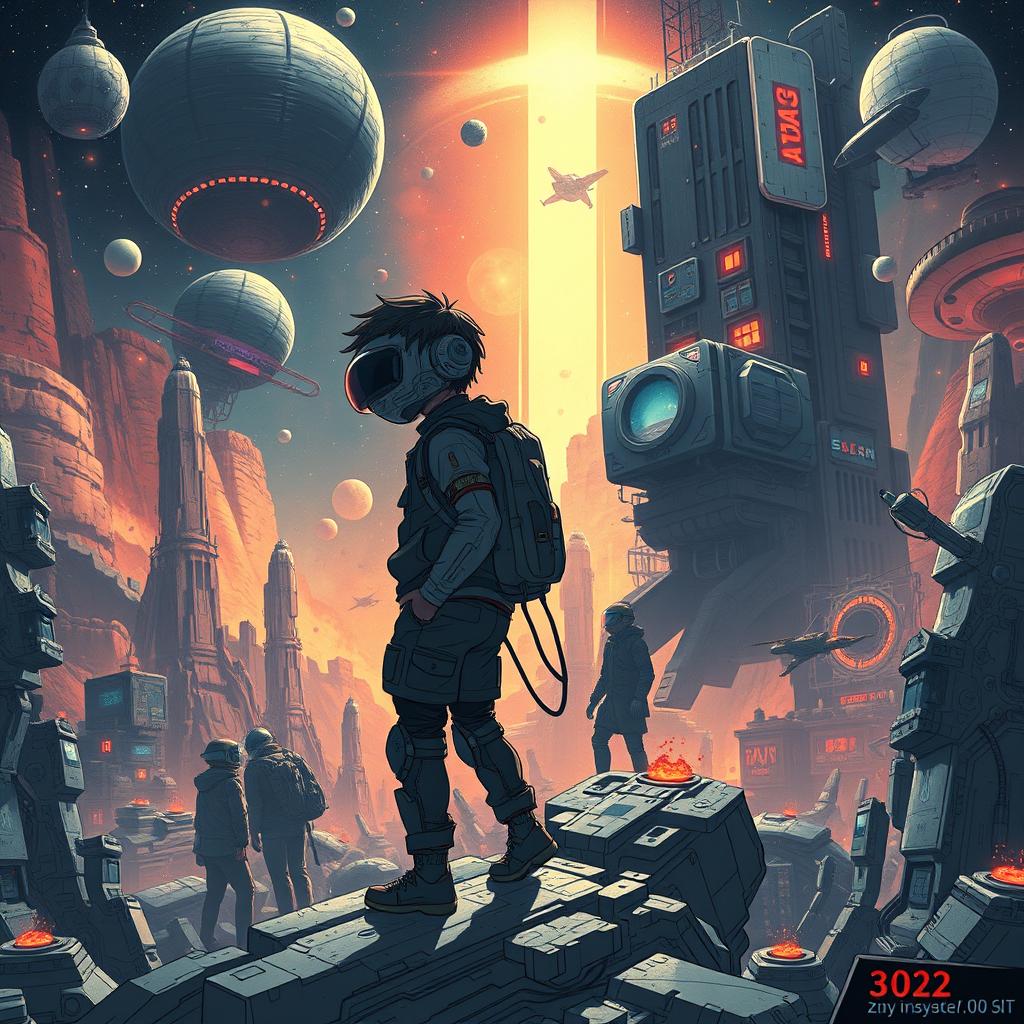 A striking sci-fi illustration set in the year 3102, capturing a universe deeply infused with technology at every level