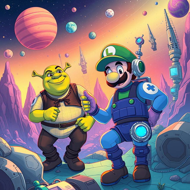 A vibrant and whimsical sci-fi illustration set in the year 3102, featuring the beloved characters Shrek and Luigi as they navigate a universe overwhelmed by technology