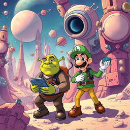 A vibrant and whimsical sci-fi illustration set in the year 3102, featuring the beloved characters Shrek and Luigi as they navigate a universe overwhelmed by technology