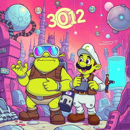 A vibrant and whimsical sci-fi illustration set in the year 3102, featuring the beloved characters Shrek and Luigi as they navigate a universe overwhelmed by technology
