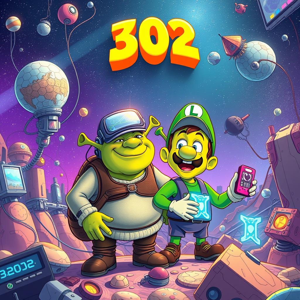 A vibrant and whimsical sci-fi illustration set in the year 3102, featuring the beloved characters Shrek and Luigi as they navigate a universe overwhelmed by technology