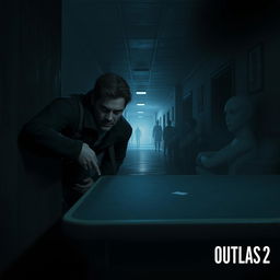 A thrilling Outlast 2 gameplay scene depicting a dimly lit environment of an abandoned, creepy school, filled with eerie shadows and flickering lights