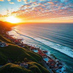 A stunning aerial view of Malibu showcasing the majestic coastline with its sparkling blue ocean waves crashing against the rocky cliffs