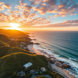 A stunning aerial view of Malibu showcasing the majestic coastline with its sparkling blue ocean waves crashing against the rocky cliffs