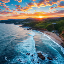 A stunning aerial view of Malibu showcasing the majestic coastline with its sparkling blue ocean waves crashing against the rocky cliffs