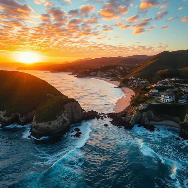 A stunning aerial view of Malibu showcasing the majestic coastline with its sparkling blue ocean waves crashing against the rocky cliffs