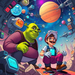 A vibrant sci-fi illustration set in the year 3102, depicting a futuristic universe where technology has penetrated every aspect of existence