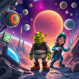 A vibrant sci-fi illustration set in the year 3102, depicting a futuristic universe where technology has penetrated every aspect of existence