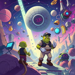 A vibrant sci-fi illustration set in the year 3102, depicting a futuristic universe where technology has penetrated every aspect of existence