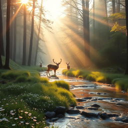 A serene forest landscape at dawn, with soft rays of sunlight filtering through the misty trees