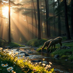 A serene forest landscape at dawn, with soft rays of sunlight filtering through the misty trees