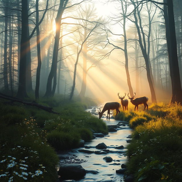 A serene forest landscape at dawn, with soft rays of sunlight filtering through the misty trees