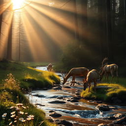 A serene forest landscape at dawn, with soft rays of sunlight filtering through the misty trees