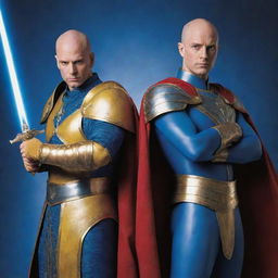 A striking image of two bald heroes in yellow and blue armor respectively. The one in blue armor also wears a red robe and wields a unique magic wand that resembles a sword, exuding an aura of mystery and power.