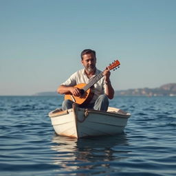 A man sitting in a small boat on a calm sea, playing a traditional saz (reed instrument)