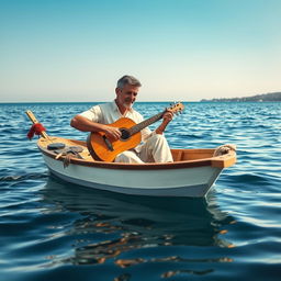 A man sitting in a small boat on a calm sea, playing a traditional saz (reed instrument)