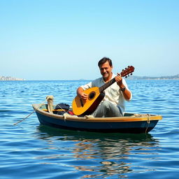 A man sitting in a small boat on a calm sea, playing a traditional saz (reed instrument)