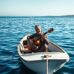 A man sitting in a small boat on a calm sea, playing a traditional saz (reed instrument)